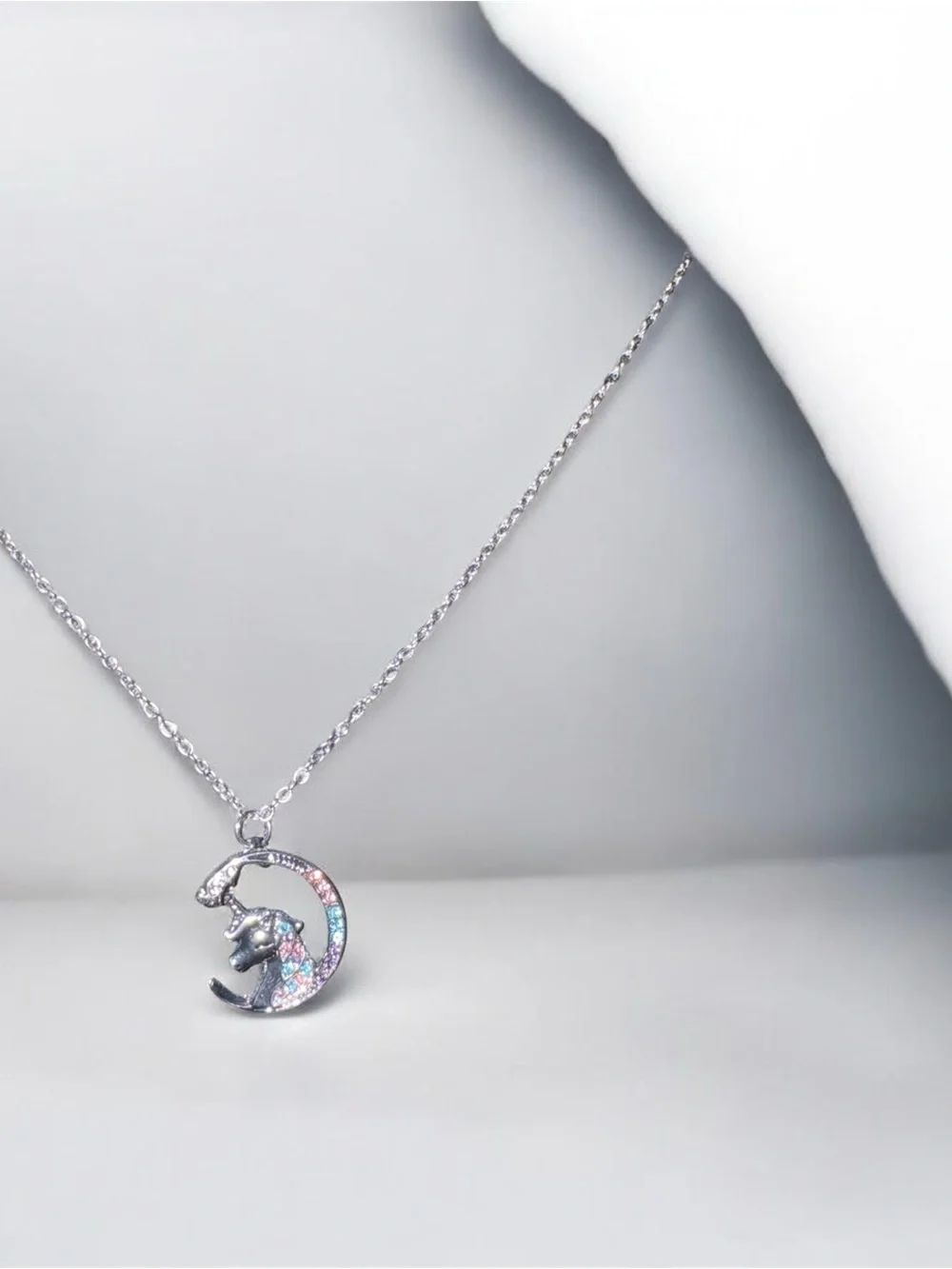 Silver Tone Unicorn Pendant Necklace -